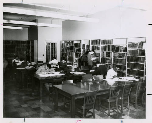 Students in the Lewis Center library. Photo taken between 1960 and 1969. (Image courtesy of DePaul University Special Collections and Archives)